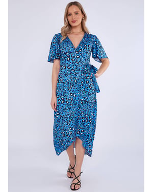 Midi-jurk met blauwe dierenprint in viscose