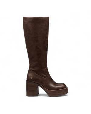 Windsorsmith Dames Oak Brown Kunstleren Kniehoge Platform Hak Laarzen - Niche