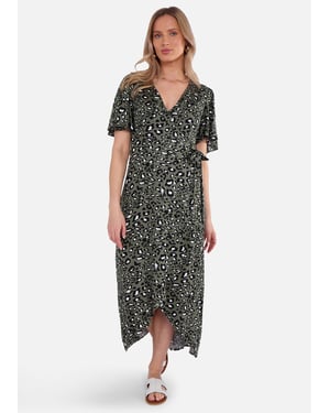 Khaki dierenprint viscose wikkel midi jurk