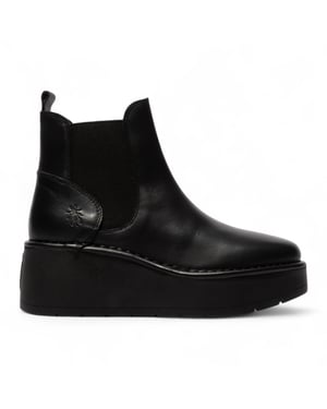 Fly London Dames Zwarte HELY268 Chelsea Leren Enkellaarsjes met Platform Comfort