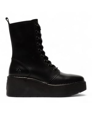 Fly London Dames Zwarte HAIT273 Leren Veterschoenen met Dikke Plateauzool