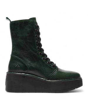 Fly London Dames Petrol Groene HAIT273 Leren Veterschoenen met Dikke Plateauzool