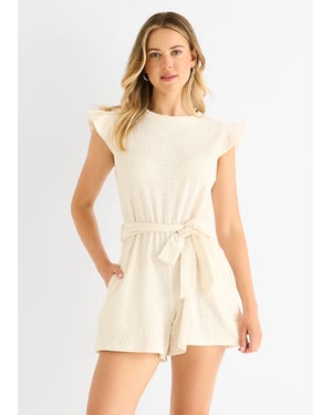 Crème Stretch Textuur Franje Elastische Taille Playsuit