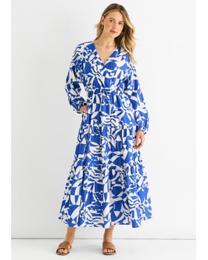 Blauwe Abstracte Wikkel Elastische Taille Midaxi Dress