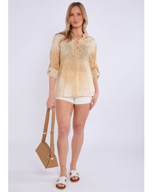 Beige denim look opgerolde mouwen oversized top