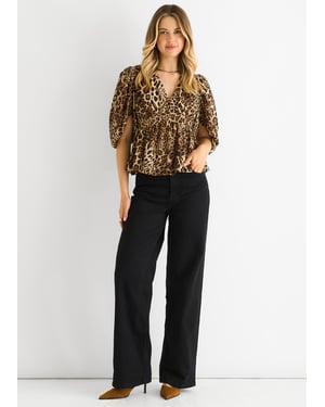 Bruine V-hals Peplum Blouse met dierenprint