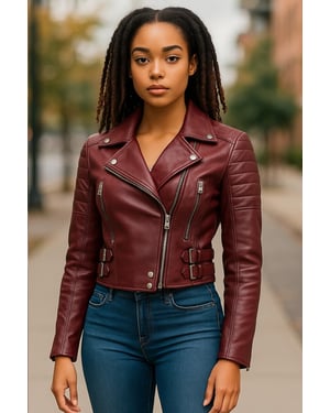 Dames Burgundy Cropped Brando leren bikerjack - Durban
