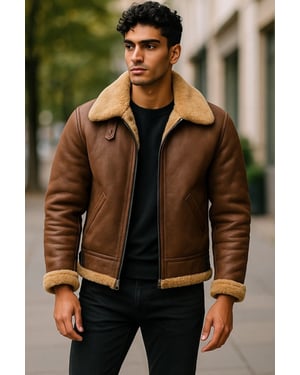 Heren Ginger Brown B3 WW2 Schapenvacht Leren Vliegeniersjack - Seshego