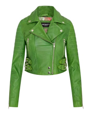 Dames appelgroene cropped Brando leren bikerjack - Damascus
