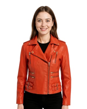 Dames leren oranje Brando bikerjack - Constantia