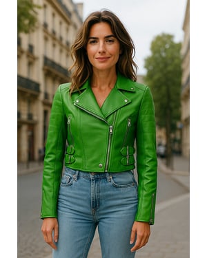Dames appelgroene cropped Brando leren bikerjack - Durban