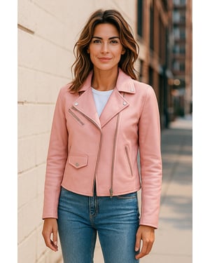 Dames Baby Roze Classic Brando Biker Leren Jas - Soweto