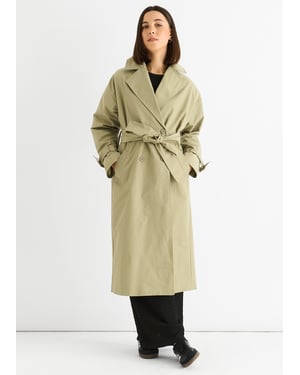 Sage Green Longline Trench Coat met dubbele borst en riem