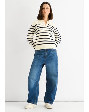 Cream Stripe V Neck Collar Knit Trui
