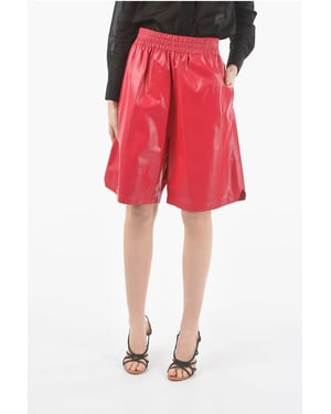 Ongevoerde korte broek van lamsleer met elastische taille in roze
