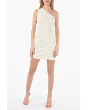 Gevlochten spons mini-jurk met één schouder van INTRECCIO TOWELLING in beige