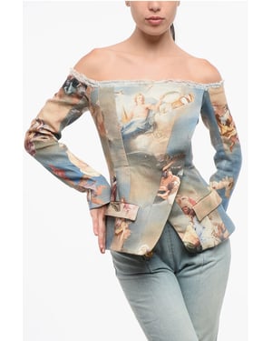 Gestreept linnen off-shoulder blazer in veelkleurig