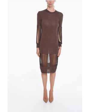 Metallic viscose gebreide midi-jurk met kettingdetails in bruin