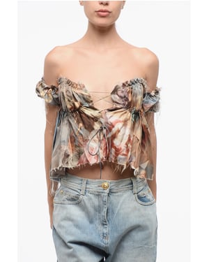 Bedrukte zijden off-shoulder top in veelkleurig