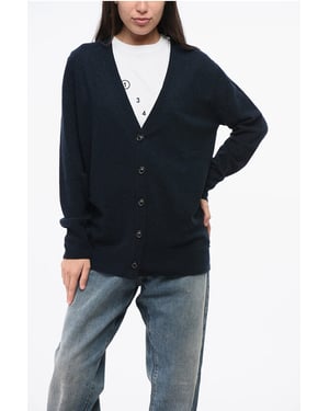 Effen V-hals vest van wol en nylon in blauw