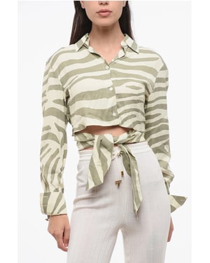 Cropped shirt met dierenmotief en knoopdetail in beige en verde