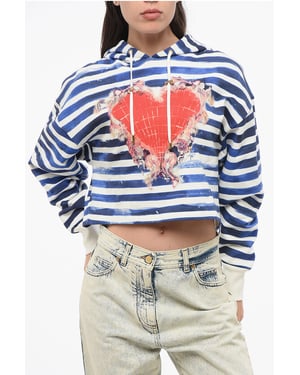 Tweekleurige gestreepte cropped hoodie met hartjesprint in Bianco, Blu