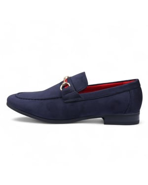 Marineblauwe suède loafers voor heren met gouden gesp