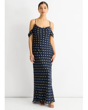 Marineblauwe maxi-jurk met col, afhangende mouwen en folieprint