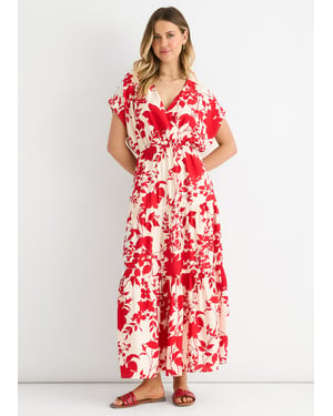 Rode maxi-jurk met bloemenprint en elastische tailleband