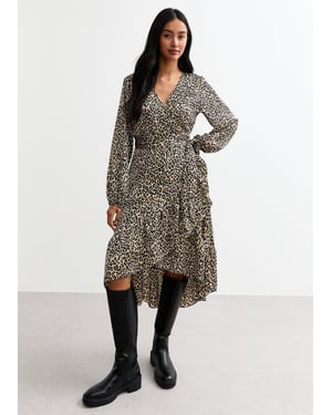 Beige mini wikkeljurk met ruches en dierenprint