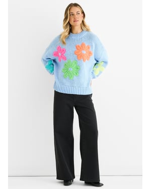 Blauwe Bloemen Haak Dikke Gebreide Oversized Trui
