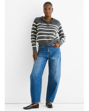 Grijze Recycle Stripe Knopen Trui met Losse Pasvorm