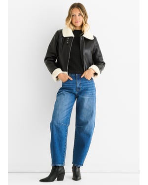 Zwarte Faux Leren Shearling Bont Pilotenjas