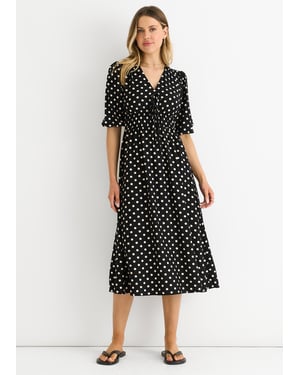 Zwarte stippenprint midi-jurk met gerimpelde taille