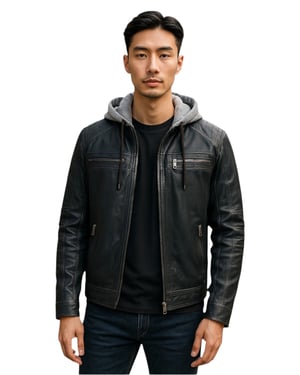 Heren blauwe capuchon biker lamsleren jas - Ingham