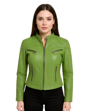 Dames Groen Casual Slim-Fit Leren Bikerjack - Tulsa