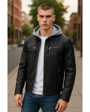 Heren blauwe capuchon biker lamsleren jas - Kingston