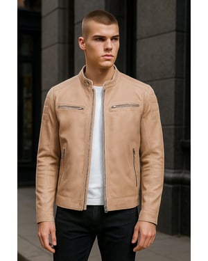Beige Modern Klassiek Leren Gewatteerd Bikerjack voor Heren - Smithton