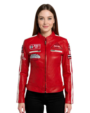 Dames rode leren bikerjack met racebadges - Dalby