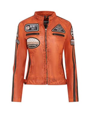 Dames oranje leren bikerjack met racebadges - Agadir