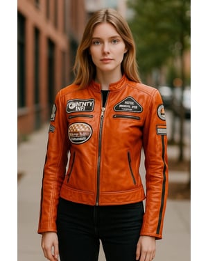Dames oranje Biker Racing Badges leren jack - Eastleigh