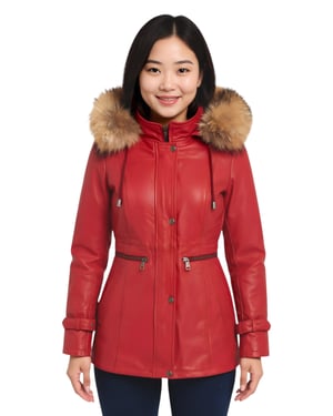 Dames rode leren parka met capuchon - Putian
