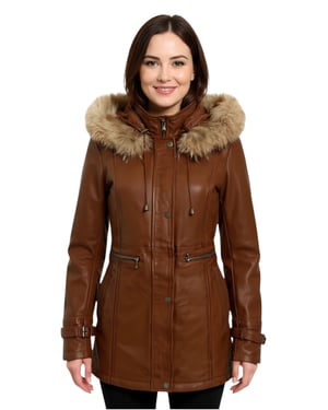 Dames bruine leren parka met capuchon - Charleville