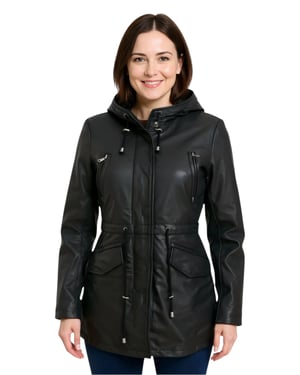 Zwarte leren parka met capuchon voor dames - Cairns