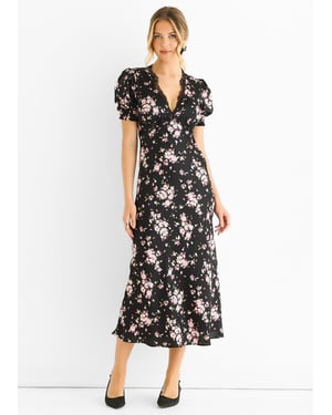 Zwarte midi-jurk met bloemenkant en schuine zoom