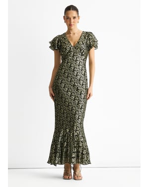 Donkergroene viscose maxi-jurk met geknipte gouden jacquard en schuine snit