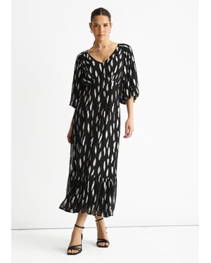 Zwarte viscose maxi-jurk met geknipte ballonmouwen