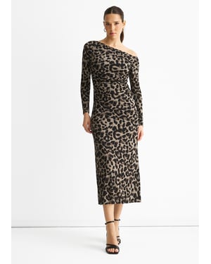 Grijze jersey midi-jurk met dierenprint en één schouder