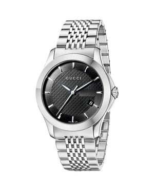 Gucci G-Timeless YA126402 Herenhorloge met zwarte wijzerplaat en zilveren armband