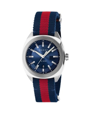 Gucci YA142304 GG2570 Heren 41mm Blauw Canvas Horloge - Stijlvol & Duurzaam